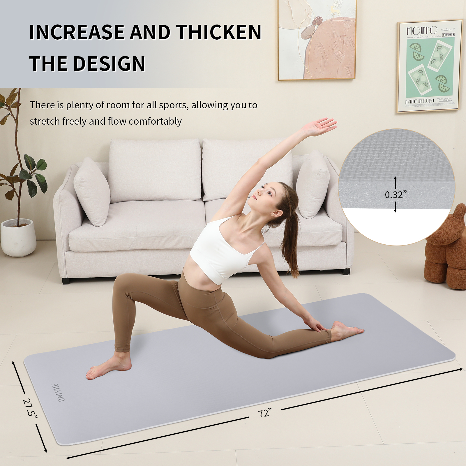 onlyhe Widened yoga mat-Extra Thick & Wide 27.5 inch Non Slip POE Exercise Mat Eco Friendly High Resiliency Fitness Mats With Strap for Women,gymnastics, Pilates, Home, Floor, Workout ( 72" x 27.5" x 0.32")