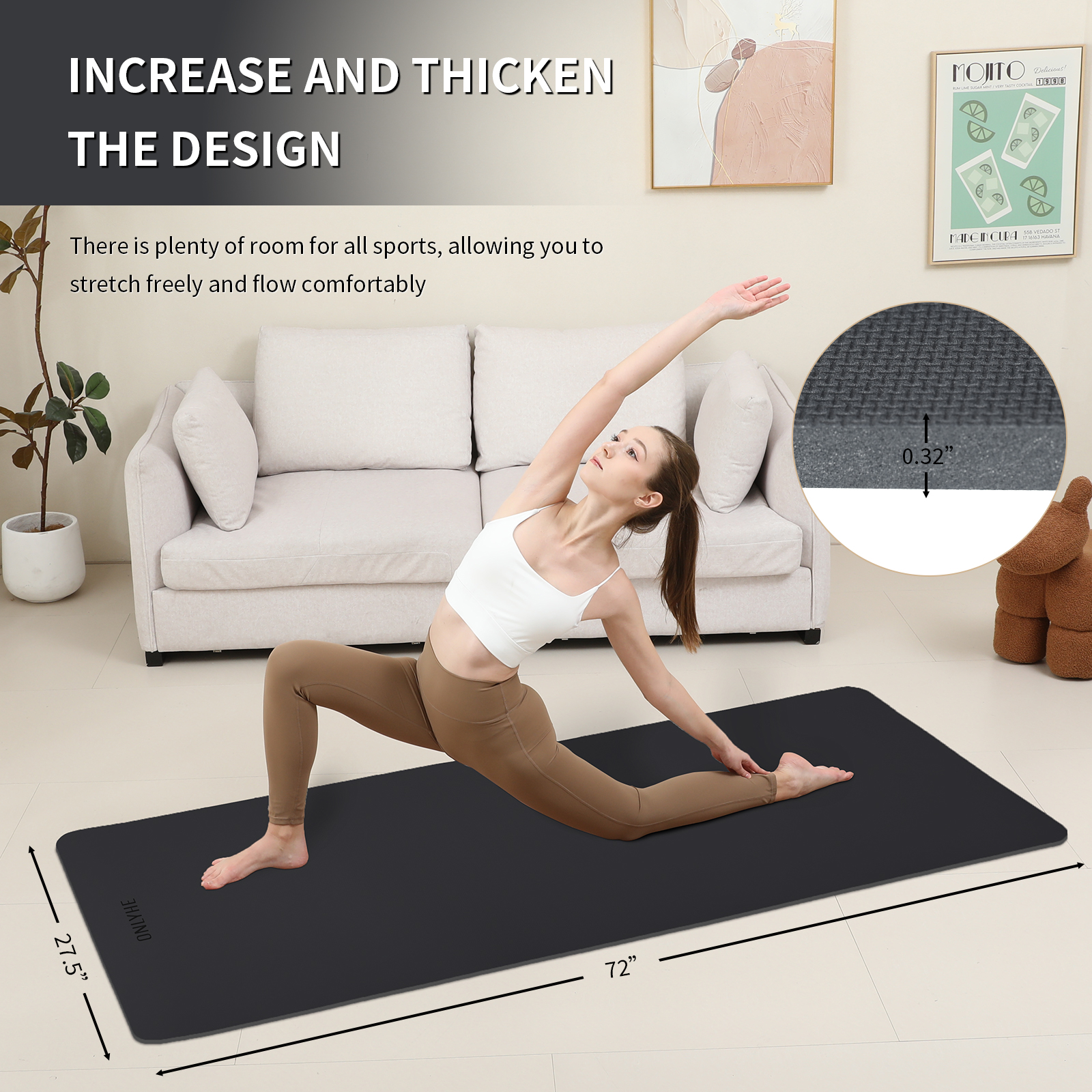 onlyhe Widened yoga mat-Extra Thick & Wide 27.5 inch Non Slip POE Exercise Mat Eco Friendly High Resiliency Fitness Mats With Strap for Women,gymnastics, Pilates, Home, Floor, Workout ( 72" x 27.5" x 0.32")