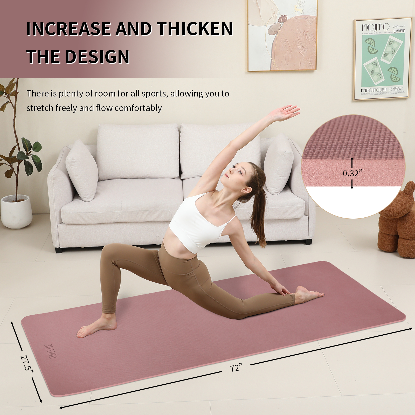 onlyhe Widened yoga mat-Extra Thick & Wide 27.5 inch Non Slip POE Exercise Mat Eco Friendly High Resiliency Fitness Mats With Strap for Women,gymnastics, Pilates, Home, Floor, Workout ( 72" x 27.5" x 0.32")