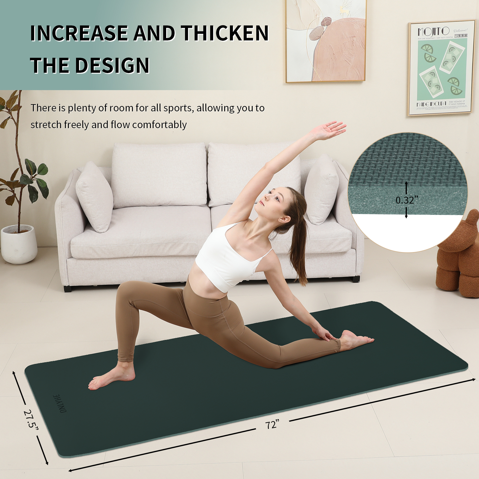 onlyhe Widened yoga mat-Extra Thick & Wide 27.5 inch Non Slip POE Exercise Mat Eco Friendly High Resiliency Fitness Mats With Strap for Women,gymnastics, Pilates, Home, Floor, Workout ( 72" x 27.5" x 0.32")