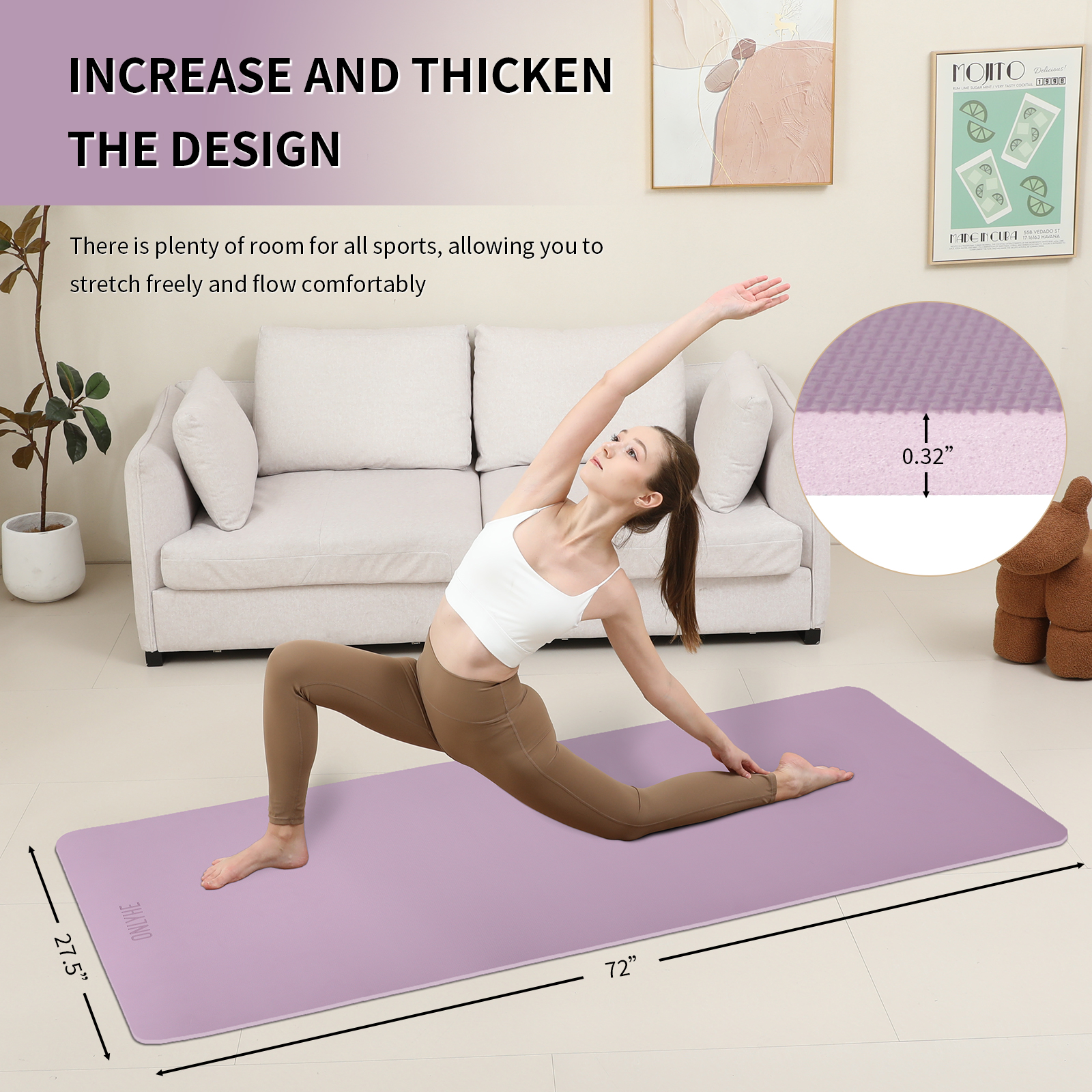onlyhe Widened yoga mat-Extra Thick & Wide 27.5 inch Non Slip POE Exercise Mat Eco Friendly High Resiliency Fitness Mats With Strap for Women,gymnastics, Pilates, Home, Floor, Workout ( 72" x 27.5" x 0.32")