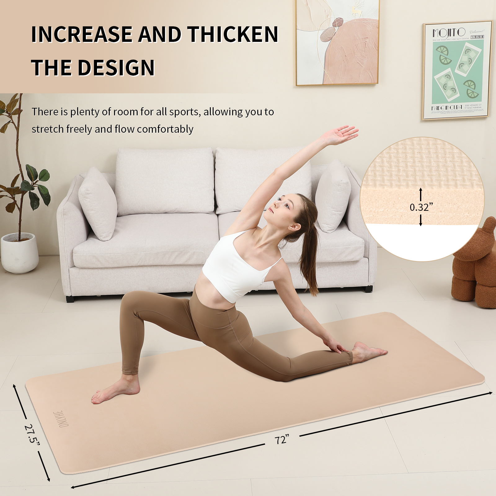 onlyhe Widened yoga mat-Extra Thick & Wide 27.5 inch Non Slip POE Exercise Mat Eco Friendly High Resiliency Fitness Mats With Strap for Women,gymnastics, Pilates, Home, Floor, Workout ( 72" x 27.5" x 0.32")
